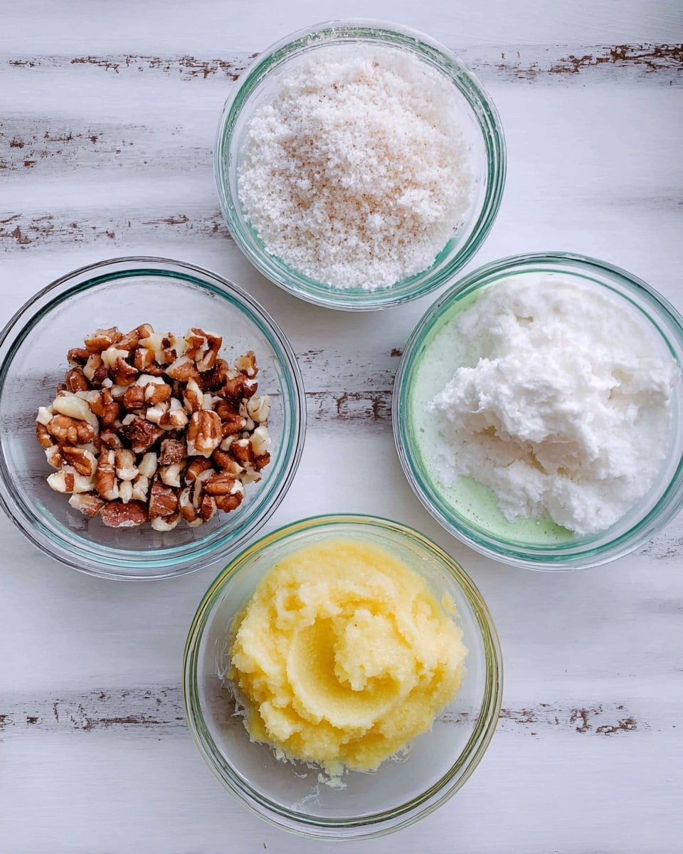 Five clear glass bowls are arranged on a white marbled surface. The top row has three bowls: the left contains a grainy white mixture, the middle holds a fluffy white mixture, and the right has a chunky white textured ingredient. Below them are two more bowls: the left contains chopped brown nuts, and the right holds a yellow, smooth, mashed substance. All the ingredients shine under soft light, showing different textures and shades. photo taken with an iphone --ar 4:5 --v 7