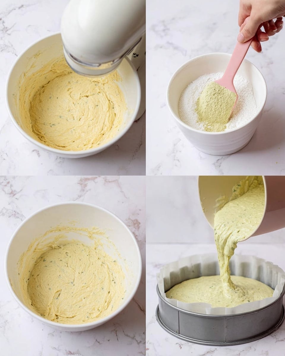The image shows four steps of making a cake batter. In the top left, a white bowl holds thick, creamy pale yellow batter being mixed by a white electric mixer. In the top right, a woman's hand holds a small white bowl pouring a light greenish powder into a white bowl with some yellow batter and a pink spatula inside, all on a white marbled surface. The bottom left shows the white bowl filled with thick, pale green batter with specks, being stirred by the pink spatula. The bottom right shows pale green batter being poured from a container into a white paper-lined round cake pan in a metal tray, all set against a white marbled background. photo taken with an iphone --ar 4:5 --v 7