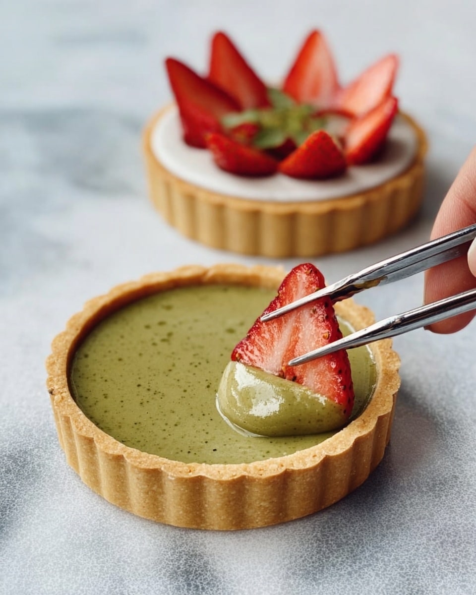 The image shows two small round white tart shells on a white marbled surface. One tart shell is being filled with a smooth, greenish-brown creamy filling that looks thick and glossy. The second tart shell is already filled with this green cream and has thin slices of fresh red strawberries arranged in a decorative way on top, some slices standing up. A pair of silver tweezers held by a woman's hand is placing one strawberry slice carefully on the tart. photo taken with an iphone --ar 4:5 --v 7