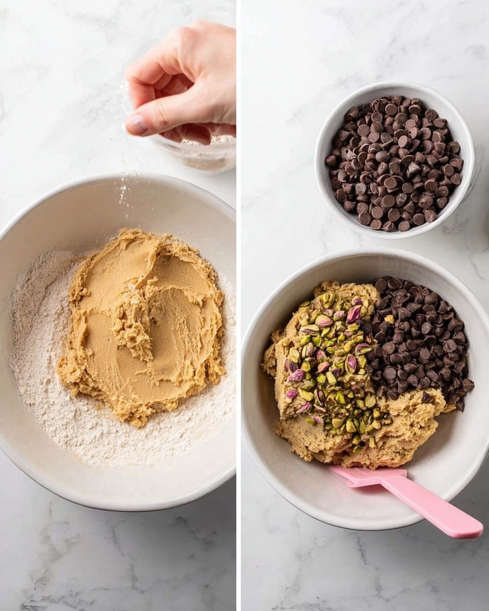 Two photos side by side show the process of making cookie dough in a white bowl on a white marbled surface. In the left image, a woman's hand pours a light beige powdery flour mix into a creamy, light orange-brown dough with a smooth texture. In the right image, the same white bowl holds the dough with added small green and purple pistachio nuts layered on one side, and glossy dark brown chocolate chips on the other side; a woman's hand holds a white bowl filled with more chocolate chips just above the main bowl, and a pink spatula rests inside the dough on the right side. Photo taken with an iphone --ar 4:5 --v 7