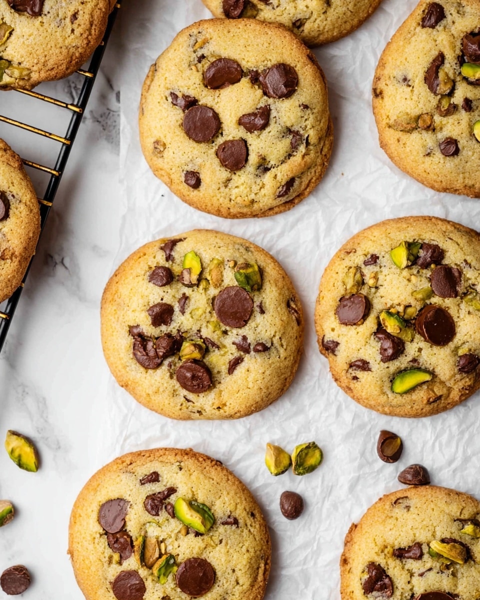 The image shows a group of round cookies placed on a white marbled surface and a black metal rack with white parchment paper. Each cookie is golden brown with a slightly textured surface, scattered with large dark brown chocolate chips and greenish pistachio nuts both slightly embedded and sitting on top. The cookies are spaced irregularly but close enough to show their light crispy edges and soft centers. There is a warm, fresh-baked look to the cookies with small cracks and uneven surfaces. A few loose chocolate chips and pistachio nuts are scattered around the cookies on the surface. photo taken with an iphone --ar 4:5 --v 7