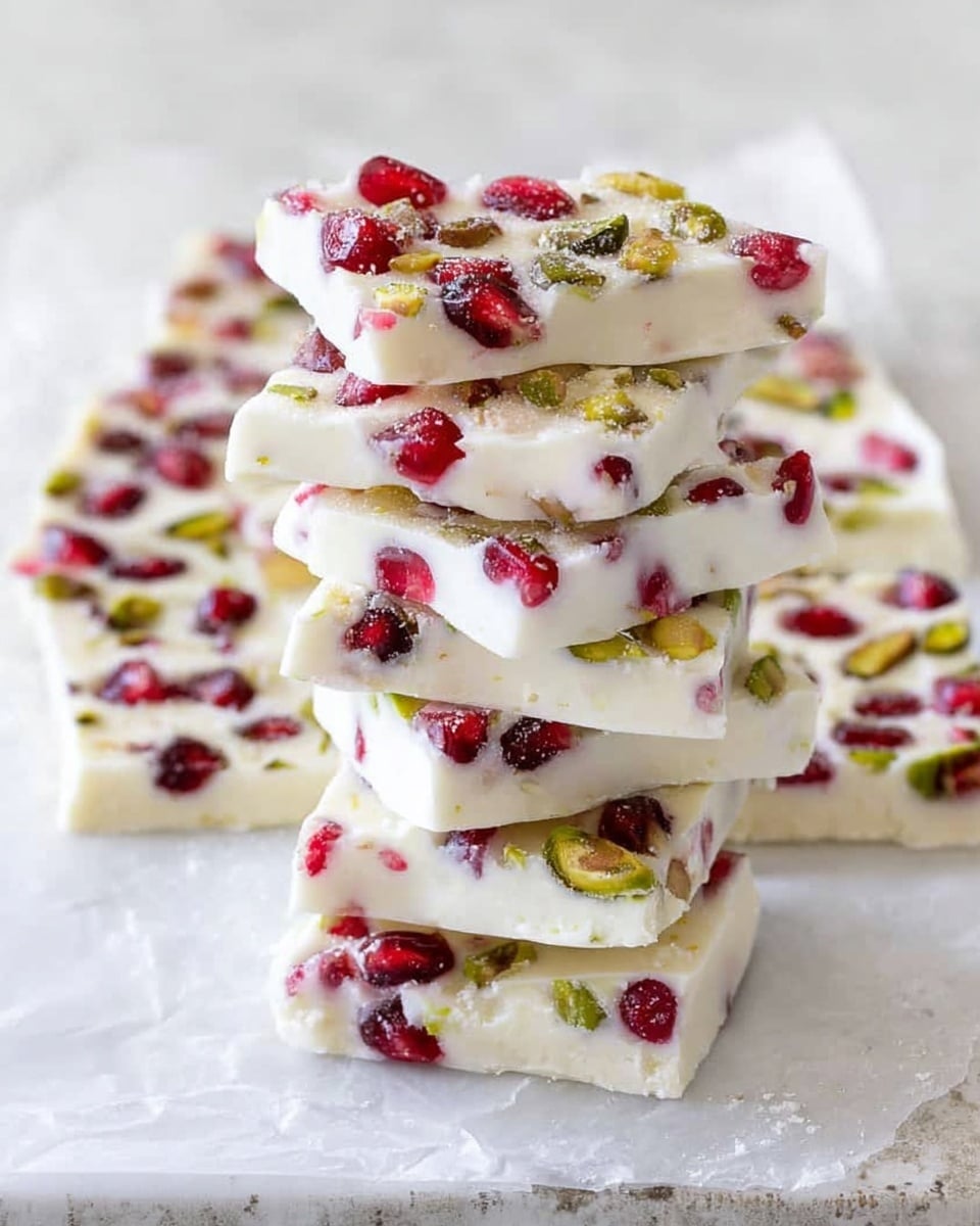 A stack of six white frozen yogurt bark pieces sits on a white marbled surface, each piece studded with red pomegranate seeds and green pistachios evenly spread throughout the creamy white layers. Behind the stack, more square bark pieces lie flat on white parchment paper, showing similar seeds and nuts embedded on the surface. The texture looks smooth and cold, with the bright red and green toppings contrasting against the white base. photo taken with an iphone --ar 4:5 --v 7