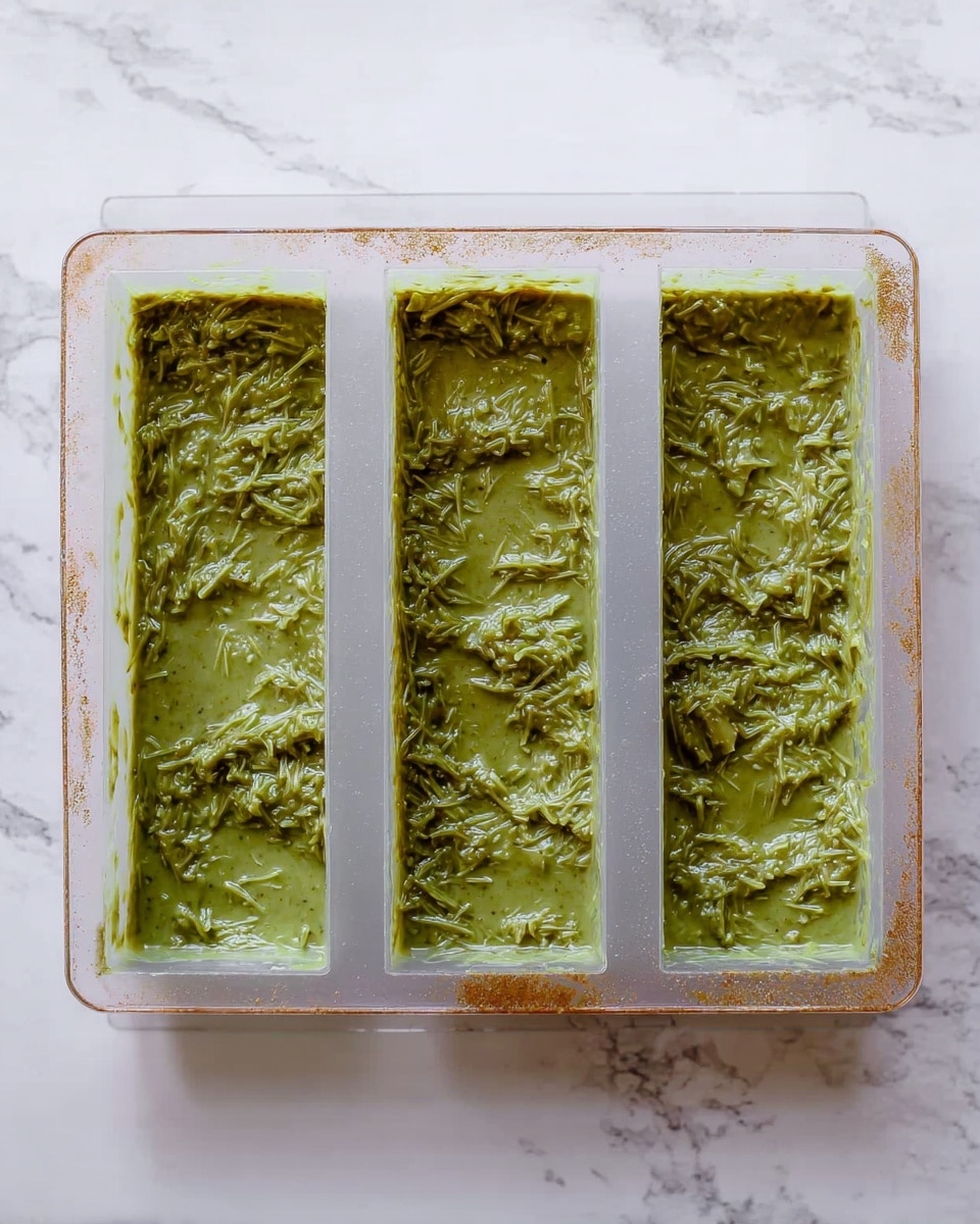 The image shows a clear rectangular silicone mold with three long rectangular cavities filled with a greenish mixture that looks thick and textured, possibly containing shredded ingredients. Each cavity is evenly filled with the mixture pressed flat on top. The mold is placed on a white marbled surface. The edges of the mold have some smudges or residue. Photo taken with an iphone --ar 4:5 --v 7