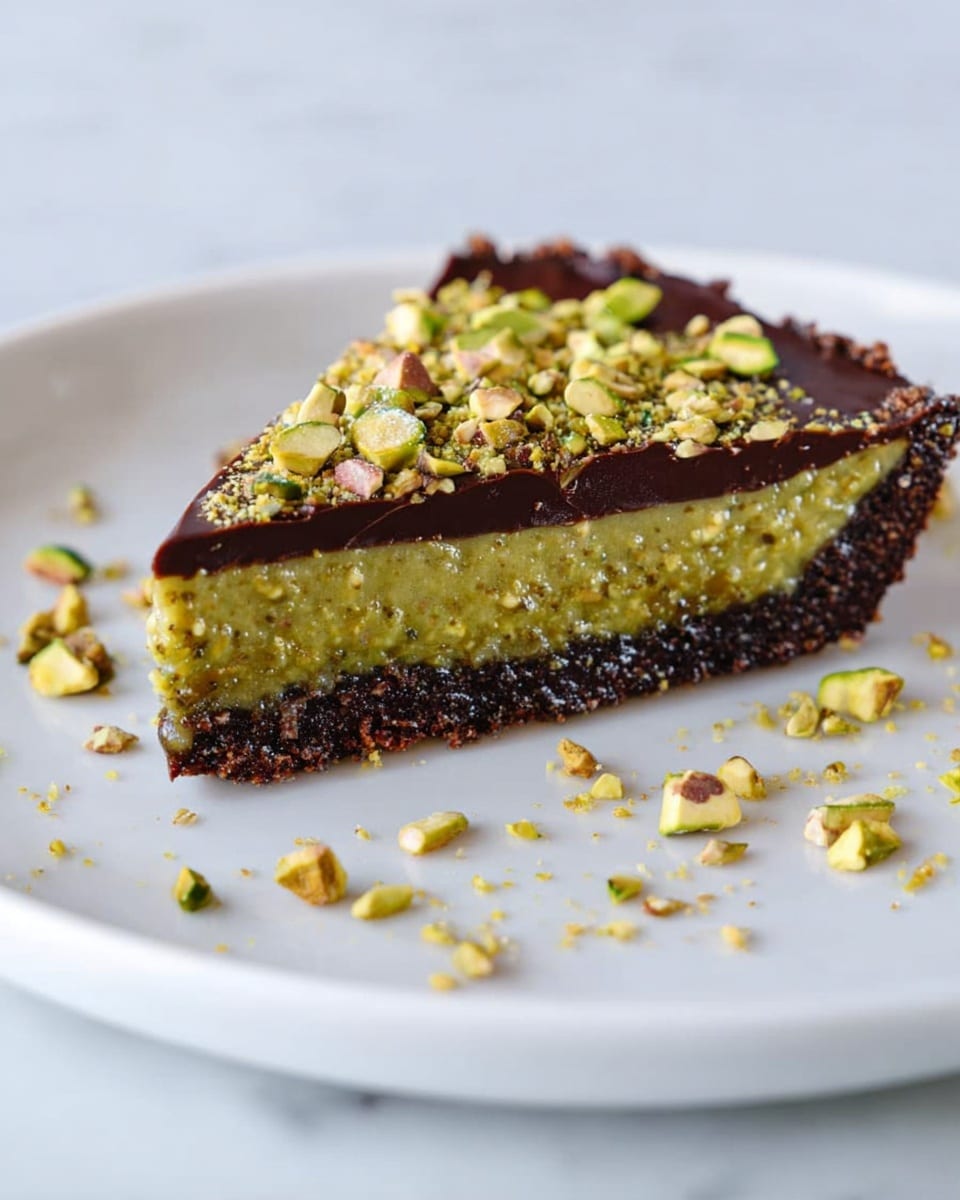 A slice of tart sits on a white plate with a white marbled background. The tart has three layers: a dark brown crust at the bottom, a thick middle layer of green pistachio filling with a slightly chunky texture, and a smooth, dark chocolate layer on top. The top is sprinkled with chopped pistachios that are scattered on both the tart and the plate. The slice is positioned slightly to the right of the center of the plate. photo taken with an iphone --ar 4:5 --v 7