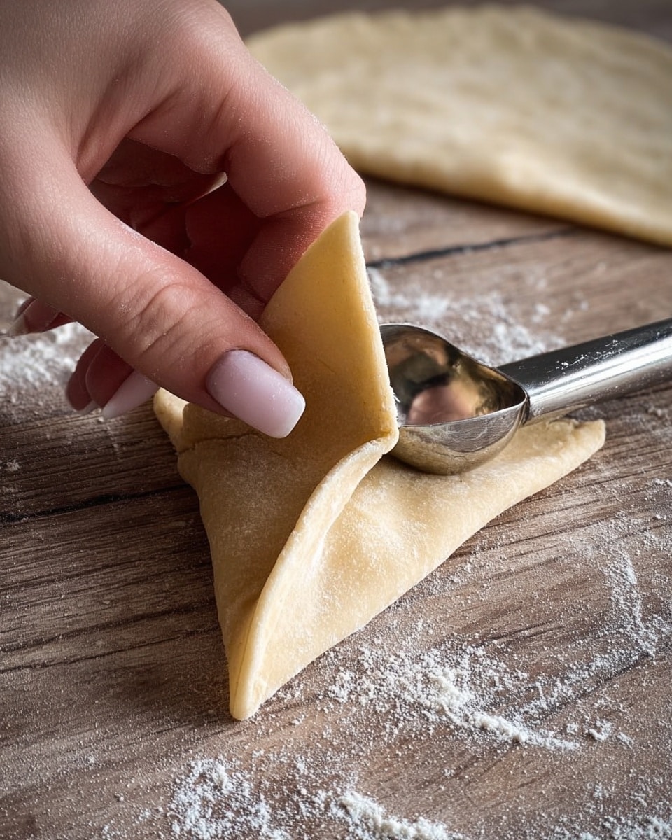 A close-up shows a woman's hand folding a light beige dough triangular piece around a shiny metal scoop on a wooden surface with a dusting of flour. The dough is thin and slightly textured, with a larger flat dough piece in the background. The woman's nails are neatly kept, and the dough is being gently pressed to hold the shape. The overall scene has a soft natural light highlighting the smooth, raw dough and subtle wood grain texture beneath. photo taken with an iphone --ar 4:5 --v 7