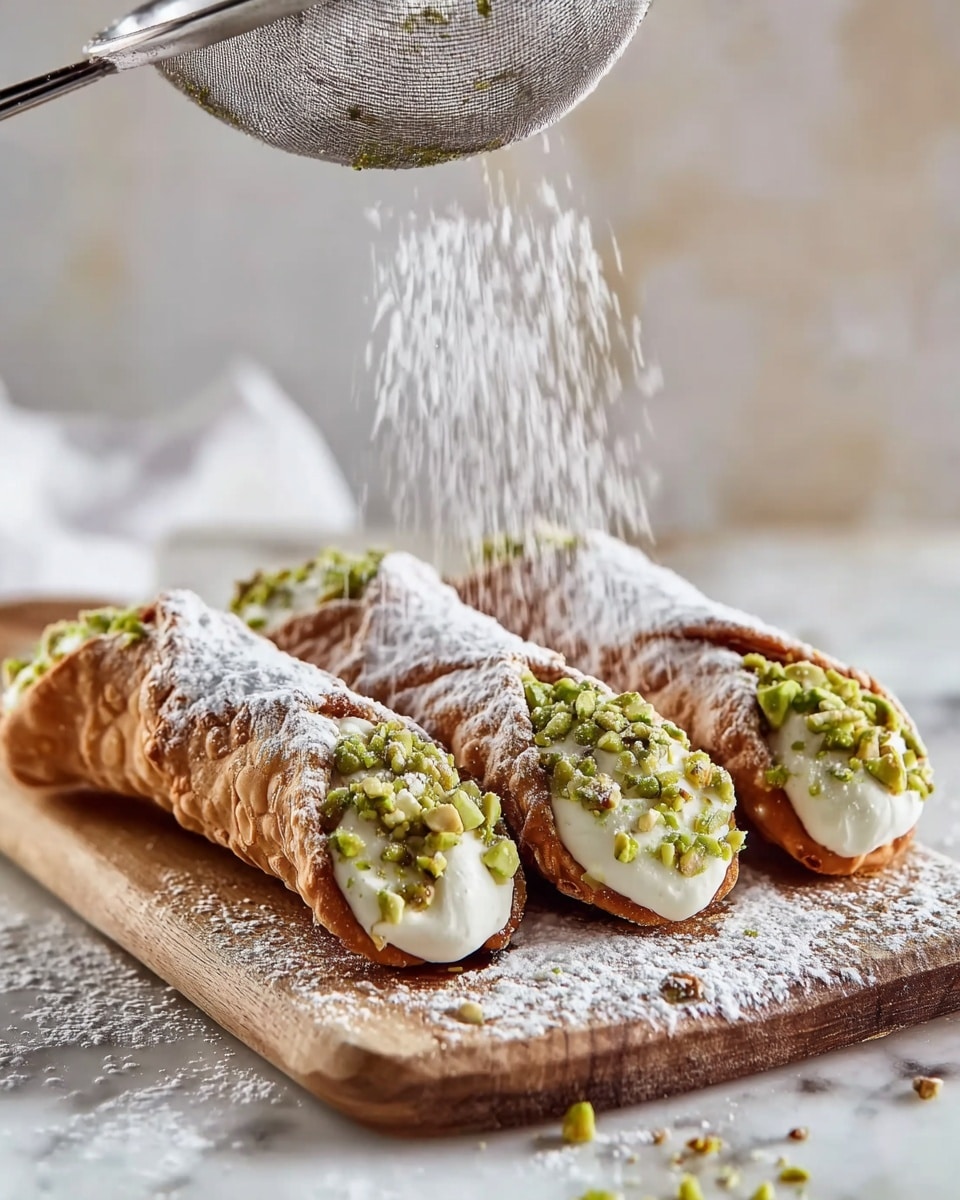 The image shows three cannoli arranged side by side on a wooden board, each filled with creamy white filling visible at both ends. The ends of the filling are dipped in small green chopped nuts, likely pistachios, adding texture and color. The golden-brown pastry shells are dusted generously with white powdered sugar, some of which is being sifted from above using a metal sieve. The background is soft and blurred with light cream and white tones, while the surface beneath the board has a white marbled texture. photo taken with an iphone --ar 4:5 --v 7