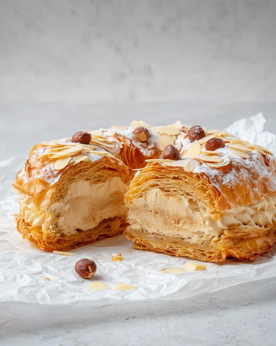 The image shows a round cream-filled pastry ring with a flaky, golden-brown crust topped with sliced almonds and lightly dusted with powdered sugar. The ring is split open, revealing two thick layers: the bottom layer is a light brown cream filling with a smooth texture, and the top layer is a lighter, whipped cream filling with a fluffy look. The bottom pastry crust is visible beneath the cream, and a few whole nuts are scattered on top as decoration. The pastry sits on crumpled white paper on a white marbled surface. Photo taken with an iphone --ar 4:5 --v 7