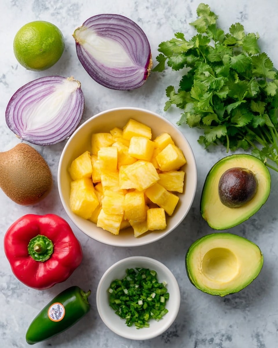 The image shows fresh ingredients laid out on a white marbled surface. In the center, there is a white bowl filled with small, yellow and orange pineapple cubes. To the right of the bowl, there are two bright green avocado halves, one with the dark brown seed in the middle and one without. Above the avocados, there is a small bunch of bright green cilantro leaves with stems. On the upper left, a half red onion with purple and white layers is visible. Below the onion, a small white bowl holds chopped green cilantro leaves. To the left of the bowl, there is a whole shiny red bell pepper and below it a green lime. Near the center, between the lime and avocados, is a brown kiwi with a sticker on it. A small green jalapeño pepper sits next to the onion. The arrangement is clean and colorful, showing fresh ingredients before cooking. Photo taken with an iphone --ar 4:5 --v 7