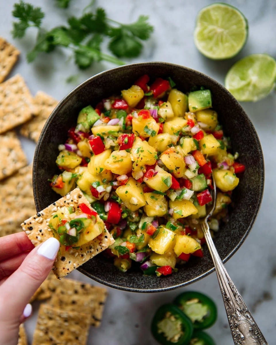 A close-up view of a dark bowl filled with colorful salsa made of small diced yellow pineapple, red bell peppers, green avocado, white onions, and green herbs, all mixed together. A silver spoon lies inside the salsa on the right side of the bowl. In the foreground, a woman's hand with white painted nails is holding a sesame seed cracker topped with a small scoop of the salsa. Around the bowl, there are some more sesame seed crackers and fresh green jalapeño pepper, cilantro leaves, and half a lime, all placed on a white marbled surface. photo taken with an iphone --ar 4:5 --v 7