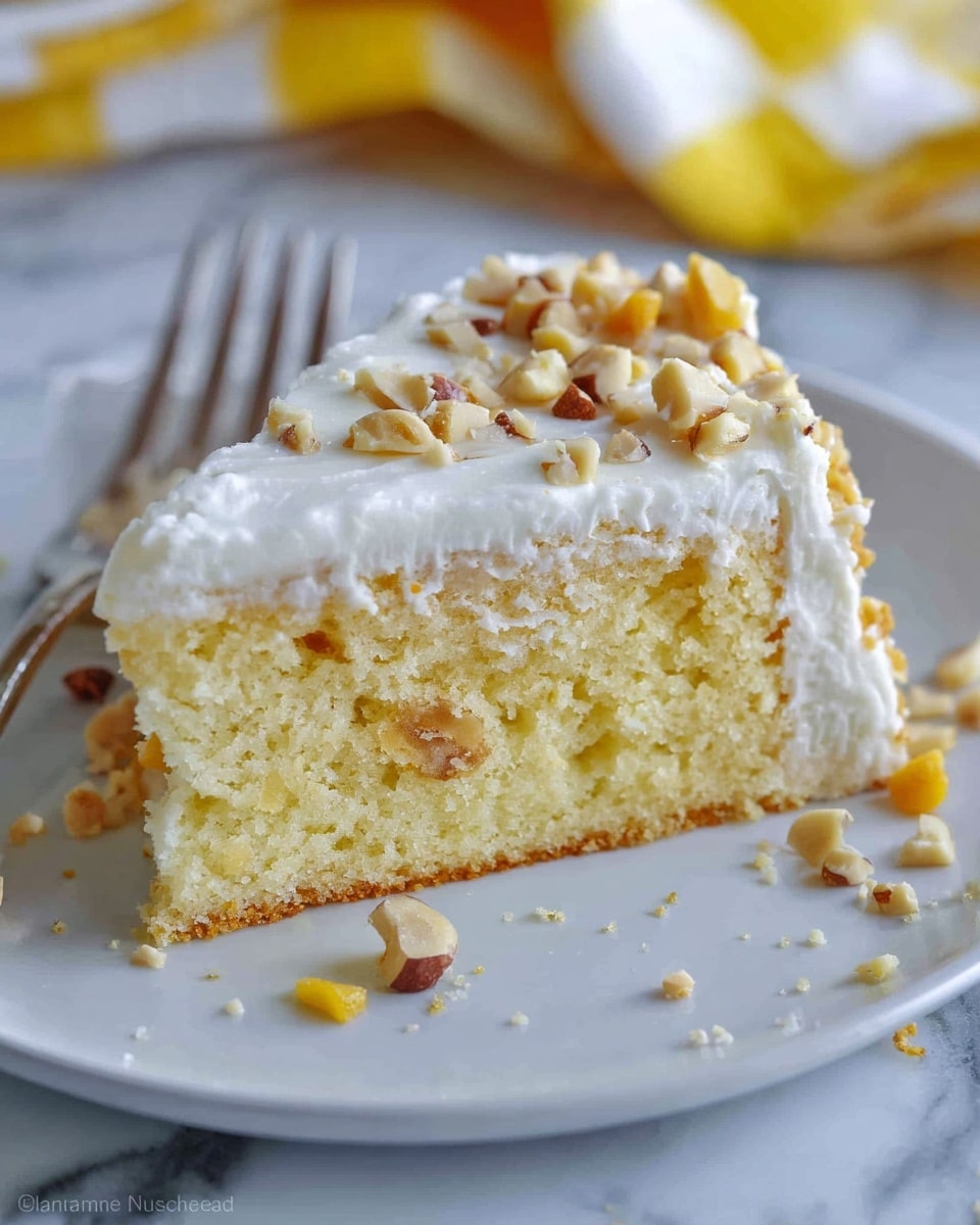 A close-up of a slice of cake on a white plate, showing two main layers. The bottom layer is a soft, light yellow sponge cake with small pieces of nuts visible inside it. The top layer is thick white frosting with a smooth yet slightly textured surface, sprinkled with chopped nuts. Some crumbs and nut pieces are scattered around the plate. The background is a white marbled surface with a blurred yellow and white checkered cloth and a fork behind the plate. Photo taken with an iphone --ar 4:5 --v 7