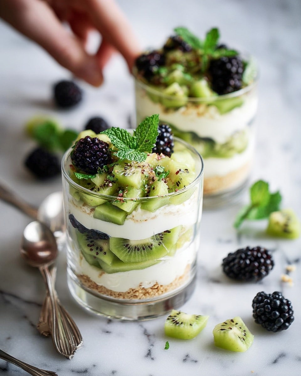 The image shows two clear glass cups filled with a layered dessert. From bottom to top, the first layer is a light brown crumbly base, followed by a thick white creamy layer, then a layer of small green kiwi pieces with black seeds, another white creamy layer, more kiwi pieces, and finally topped with fresh mint leaves and a few blackberries. The cups sit on a white marbled surface with scattered small kiwi cubes, blackberries, and two metal spoons nearby. A woman's hand is reaching towards one of the cups. Photo taken with an iphone --ar 4:5 --v 7