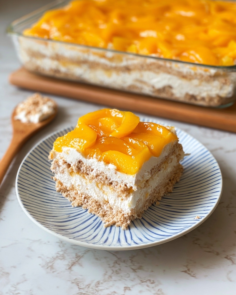 A square piece of creamy dessert with three thick layers sits on a white plate with thin blue stripes. The bottom layer is light brown and crumbly, the middle layer is fluffy white cream mixed with bits of the crumbly base, and the top layer is made of bright orange sliced fruit neatly arranged in overlapping rows. In the background, the rest of the dessert is shown in a clear glass square dish, revealing the same layered texture. A wooden spoon lies beside the plate with a small dollop of cream and crumbs. The surface underneath is a white marbled texture. Photo taken with an iphone --ar 4:5 --v 7