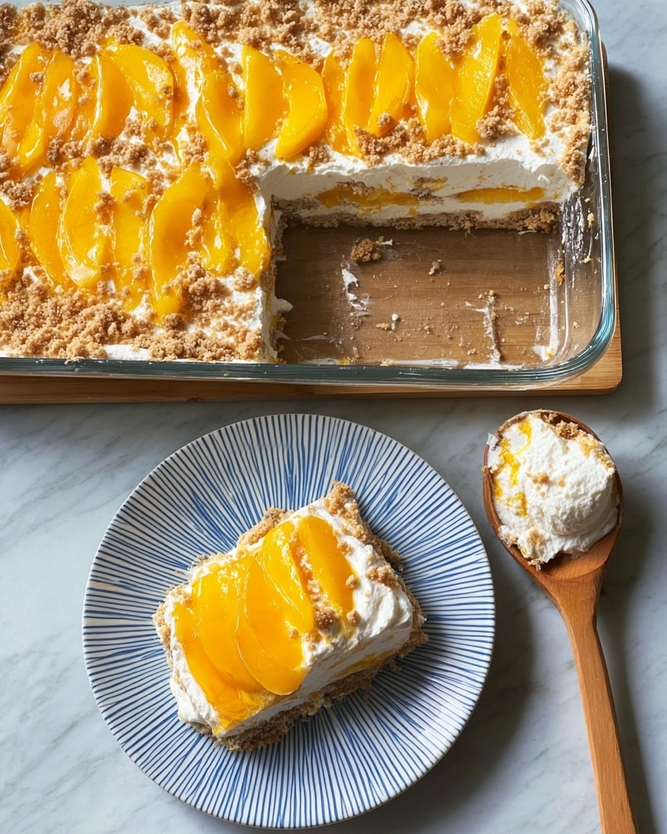 A dish showing a square glass baking dish with a missing section of a layered dessert. The dessert has a bottom crumbly light brown crust, a middle layer of white cream, and a top layer of bright yellow-orange sliced fruit neatly arranged side by side. A single slice is placed on a white plate with thin blue stripes, showing the same layers: crumbly crust, creamy white middle, and bright yellow-orange fruit slices on top. Next to the plate, a wooden spoon holds a scoop of the white cream with bits of crumbly crust on a white marbled surface. photo taken with an iphone --ar 4:5 --v 7