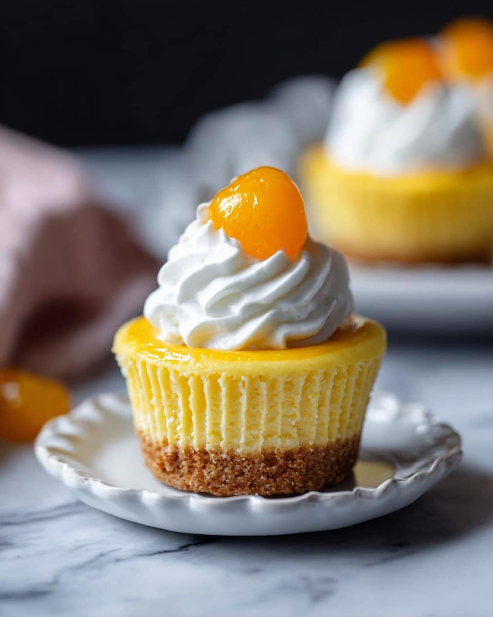 A small yellow cupcake with a textured base layer of light brown crust, topped with a thick, smooth yellow cheesecake layer. On top, there is a swirl of white whipped cream, crowned with a small piece of bright orange fruit. The cupcake sits on a white plate with a scalloped edge, placed on a white marbled surface. In the background, there is another cupcake slightly out of focus. Photo taken with an iphone --ar 4:5 --v 7
