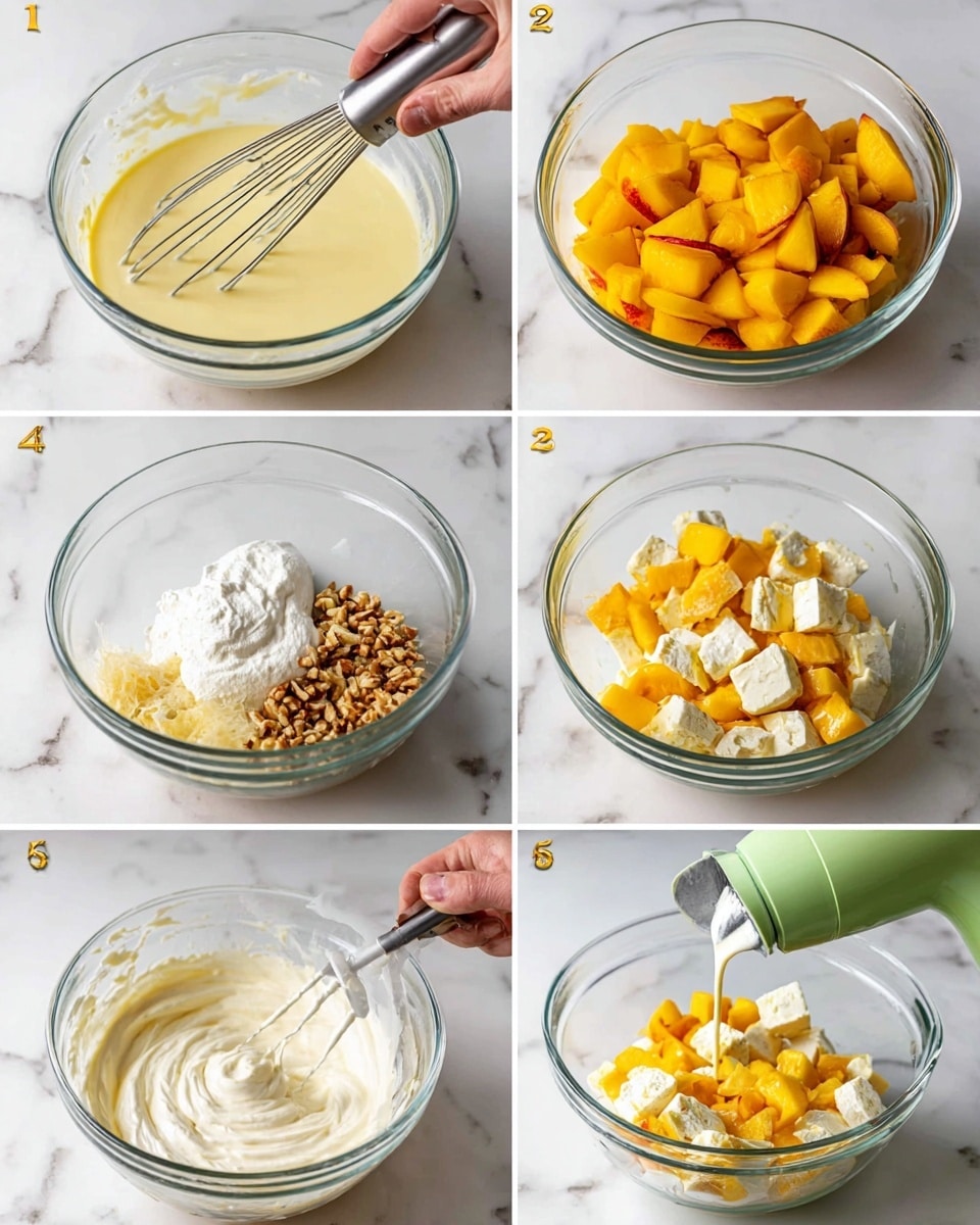 The image shows a clear glass bowl in each frame on a white marbled surface, with different stages of a dessert preparation. The first image shows a pale yellow liquid being whisked with a metal whisk. The second image displays chunks of bright orange-yellow peaches inside the bowl, with a woman's hand stirring them using a spoon. The third image is different, showing chopped nuts spread on the white marbled surface next to a large knife. The fourth image shows thick white cream being whipped with a green electric hand mixer, with a small amount of pale yellow liquid added on top of the cream. The fifth image shows the cream mixed into a smooth, thick texture in the same bowl, with one mixer beater visible. The sixth image shows the final mix inside the bowl, where chunks of golden yellow peach and cubed white cake pieces are layer-packed, topped with a thick white cream being poured from a spoon, with a woman's hand holding the spoon. Photo taken with an iphone --ar 4:5 --v 7