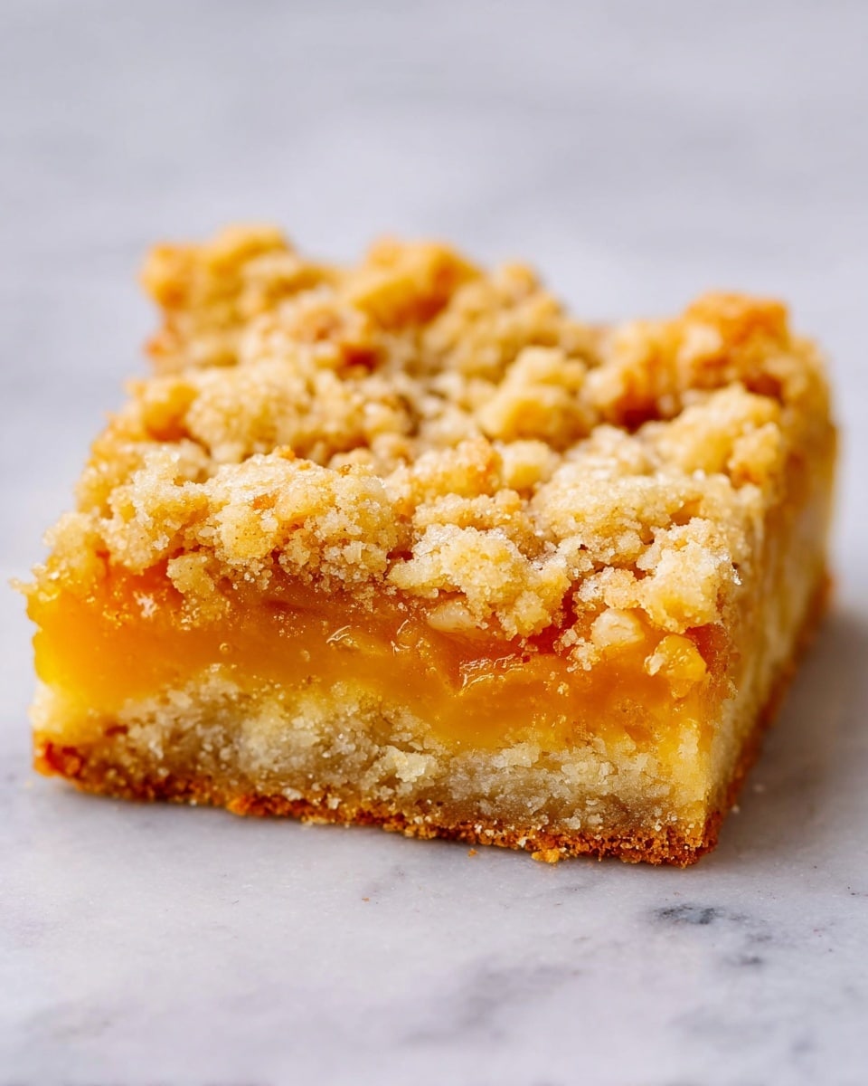 The image shows a square piece of crumb bar with three clear layers. The bottom layer is a dense, crumbly crust with a light golden-brown color. The middle layer is a smooth, bright orange filling that is slightly translucent. The top layer is a textured crumble topping with chunks of golden brown and light beige, giving it a rough and uneven look. The bar is placed on a white marbled surface, with the focus on the front edge showing the layers distinctly. photo taken with an iphone --ar 4:5 --v 7