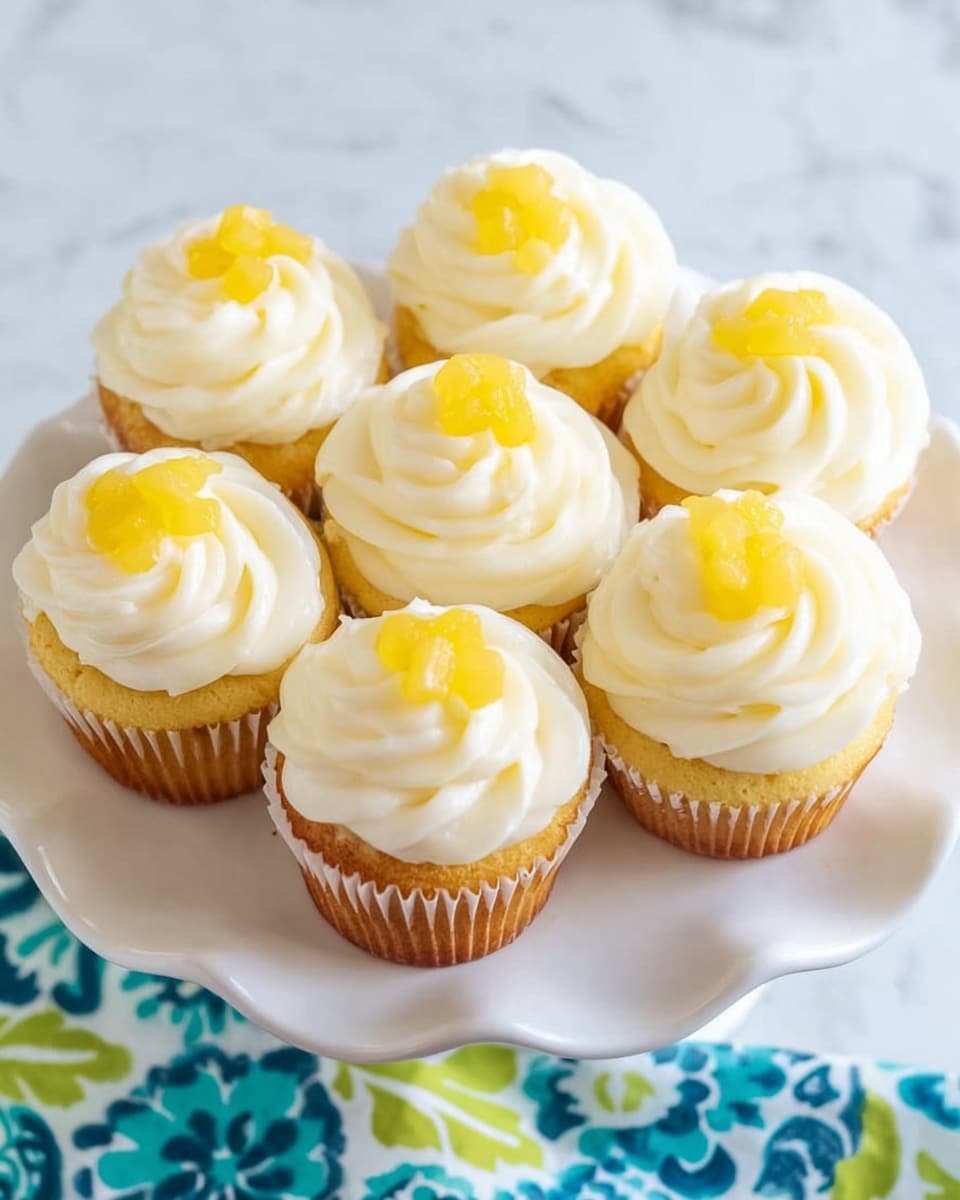 Seven yellow cupcakes with one layer, each topped with a swirl of smooth white frosting and small yellow fruit pieces, arranged closely together on a white plate with softly scalloped edges, all set on a white marbled surface with part of a colorful blue, green, and yellow patterned cloth showing at the bottom left corner, photo taken with an iphone --ar 4:5 --v 7