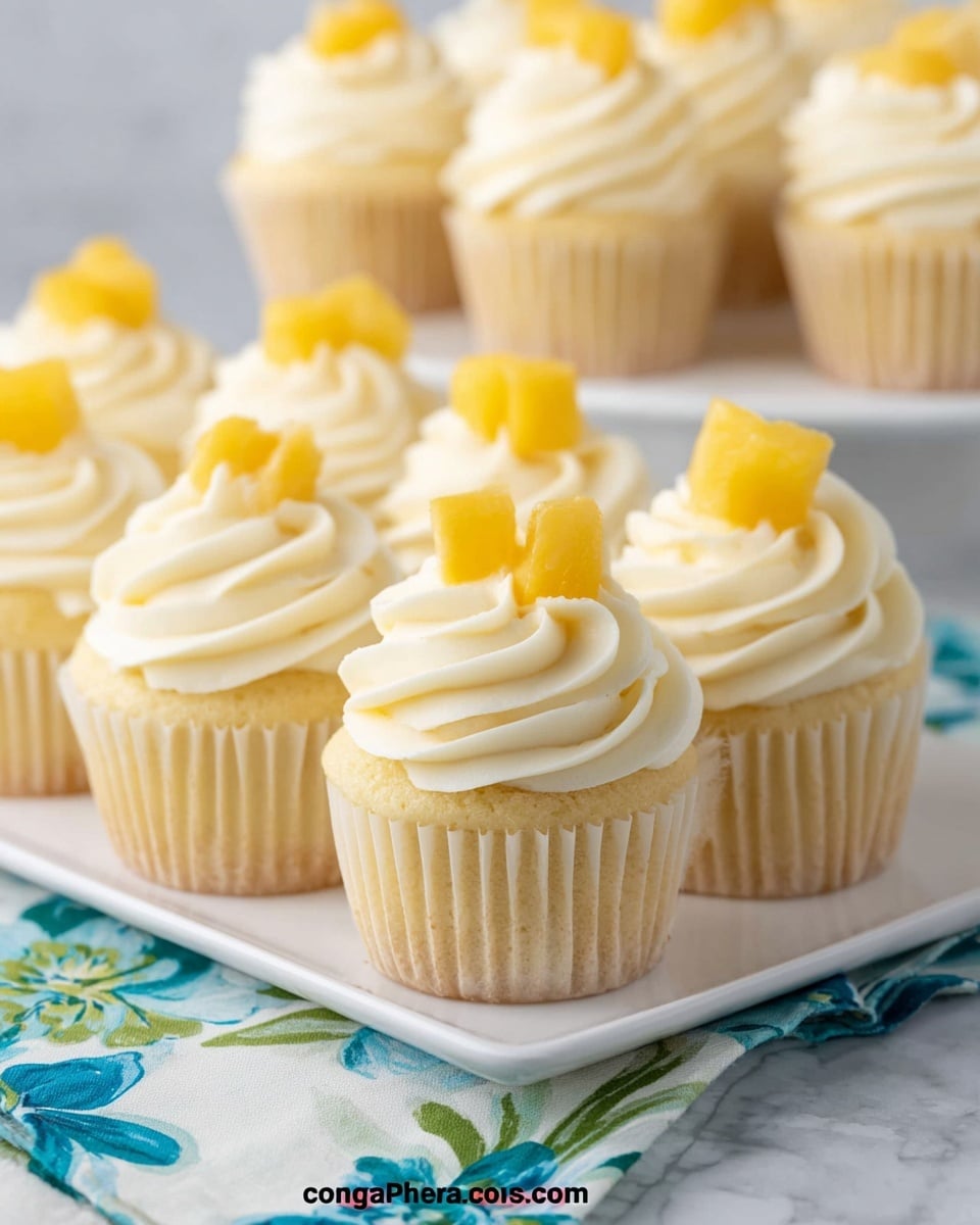 A group of light yellow cupcakes sits neatly on a white rectangular plate, each cupcake wrapped in a pale yellow liner. Each cupcake has one thick swirl of smooth, creamy white frosting built up in layers on top, and the frosting is topped with several small bright yellow cubes of fruit positioned near the center. The plate rests on a white marbled surface next to a cloth with blue, green, and white floral patterns. The background is softly blurred, showing more cupcakes in the distance. photo taken with an iphone --ar 4:5 --v 7