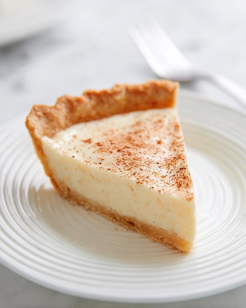 A single triangular slice of creamy pie sits on a white plate with concentric circular ridges. The pie has one thick layer of smooth pale cream topped with a light dusting of brown spice. The crust is golden and fluted around the edges, holding the filling neatly. The background is a white marbled surface with a blurred white fork visible in the distance. photo taken with an iphone --ar 4:5 --v 7