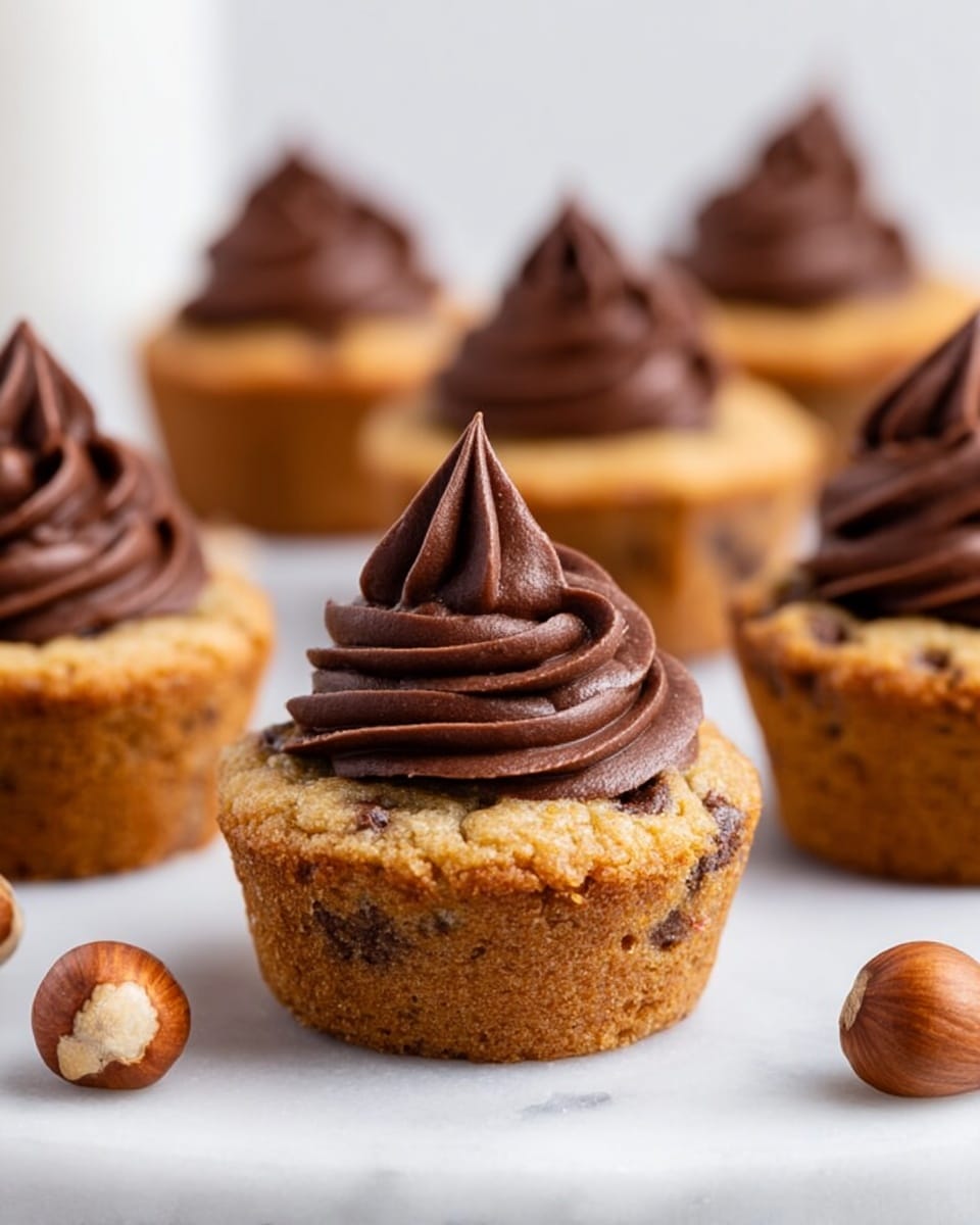 A small light brown cupcake with visible chocolate chips baked inside sits on a white marbled surface. On top of each cupcake is a thick swirl of shiny, smooth, dark brown chocolate frosting, piped in a tall, pointed spiral shape. Around the cupcakes are whole hazelnuts, adding a warm brown color contrast. The cupcakes are arranged in a soft focus row going backward, giving depth to the image. The scene is bright and clear, highlighting the texture of the cupcakes and frosting. photo taken with an iphone --ar 4:5 --v 7