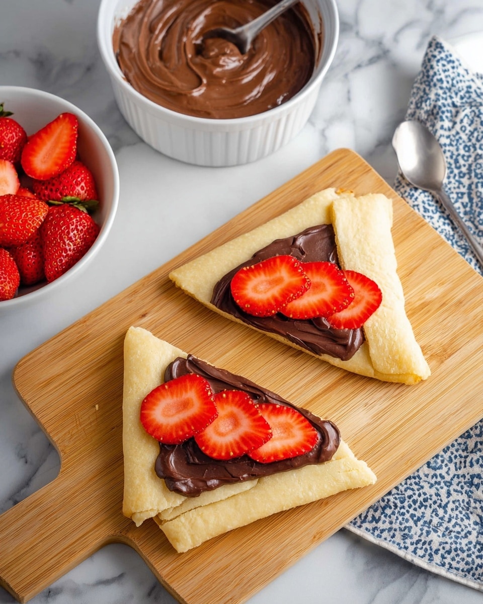 The image shows two triangular pieces of light beige pastry on a wooden cutting board, each piece layered with a thick spread of dark brown chocolate at the wider end. On top of the chocolate layer, there are fresh red strawberry slices placed neatly in pairs along the chocolate. Above the board, there is a white bowl filled with smooth chocolate spread, and to the left, a white bowl with halved and sliced strawberries. The background is a white marbled surface with a silver spoon and a blue-and-white patterned cloth nearby. Photo taken with an iphone --ar 4:5 --v 7