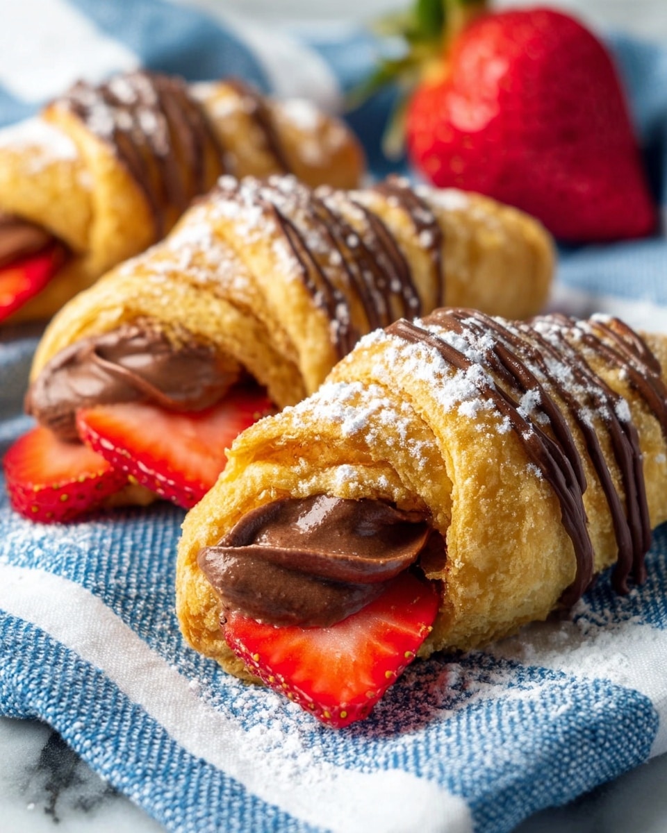 The image shows golden brown pastries with a slightly crispy texture, each filled with smooth, dark chocolate cream and fresh bright red strawberry slices peeking out from one end. The pastries are drizzled with thin lines of chocolate on top and sprinkled lightly with white powdered sugar. They rest on a blue and white striped cloth with a white marbled surface underneath, while a whole bright red strawberry is visible in the background. photo taken with an iphone --ar 4:5 --v 7