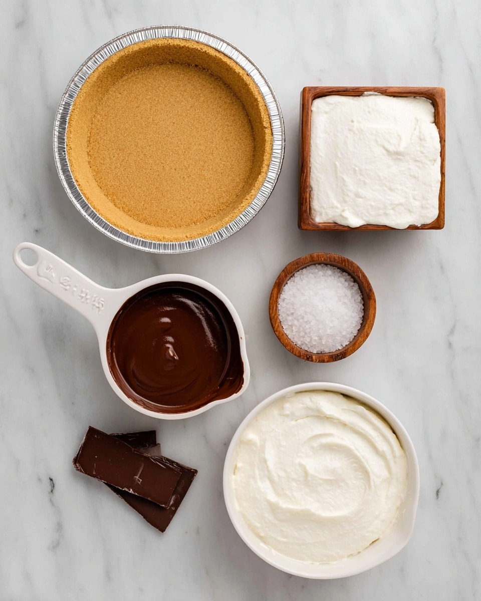 The image shows five containers on a white marbled surface: a light tan graham cracker crust in a round foil pie pan at the top left, a square wooden bowl filled with a white, soft, creamy ingredient at the top right, a white 1-cup measuring cup with smooth dark brown melted chocolate at the bottom left, a smaller white 1/4-cup measuring cup also filled with dark brown melted chocolate placed beside the larger cup, a small round wooden bowl containing coarse white salt below the chocolate cups, and a large white bowl at the bottom right filled with a thick white cream, all arranged neatly with clear separation. Photo taken with an iphone --ar 4:5 --v 7