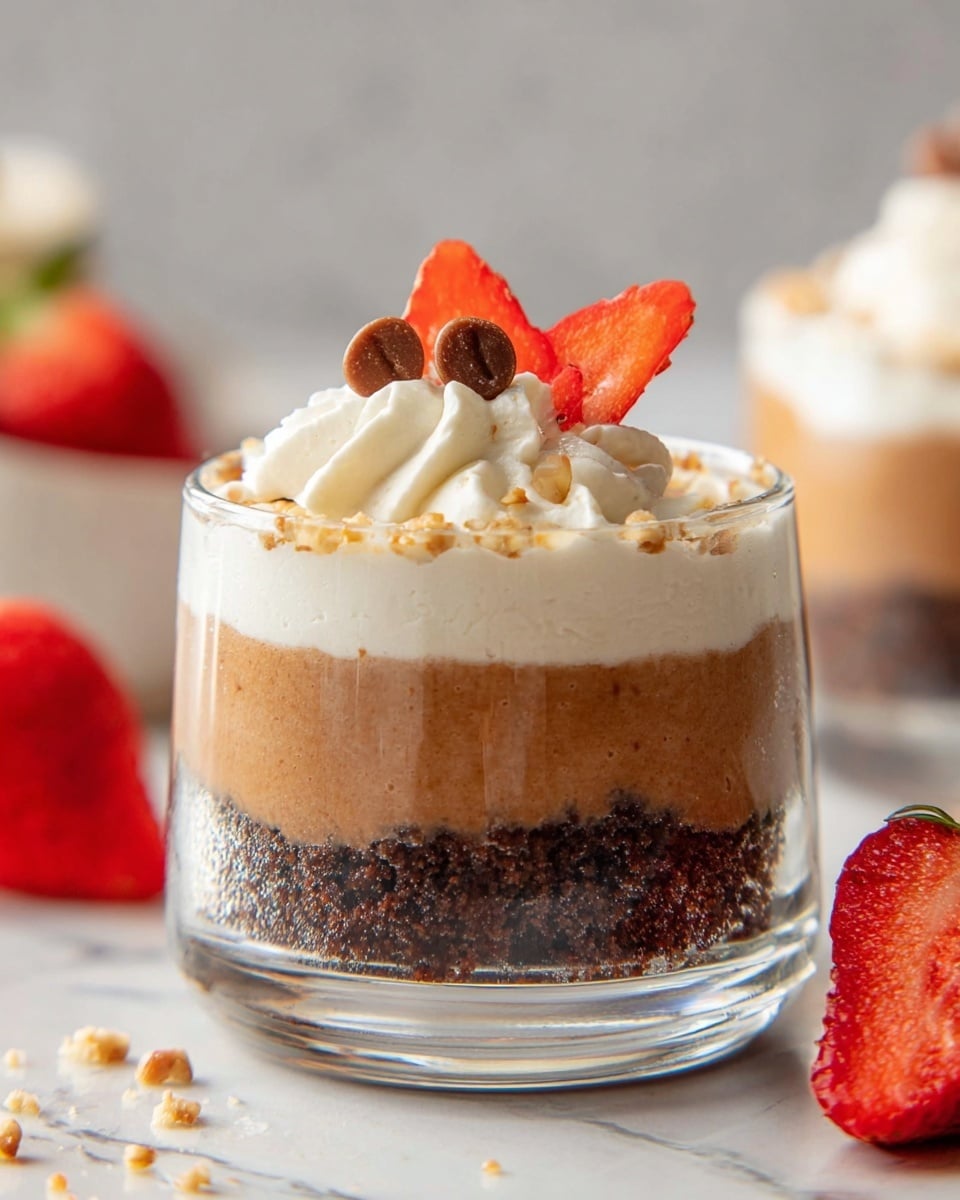 A clear glass shows three layers of a dessert: the bottom layer is dark and crumbly, the middle layer is smooth and light brown, and the top layer is a fluffy swirl of white cream. On top of the cream, there are three small brown nuts and a single red strawberry slice placed upright. The white marbled surface underneath has a few fresh red strawberry pieces scattered around. The photo was taken with an iphone --ar 4:5 --v 7