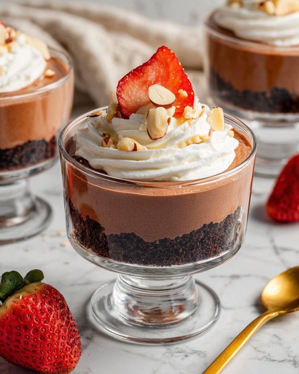 The dessert has three layers in a clear glass cup with a short stem. The bottom layer is dark and crumbly, like crushed cookies. The middle layer is smooth and light brown, looking like chocolate mousse. On top, there is a swirl of white whipped cream, decorated with three whole almonds and one halved strawberry slice leaning on the cream. The cup is placed on a white marbled surface with some strawberries and a golden spoon nearby. Photo taken with an iphone --ar 4:5 --v 7
