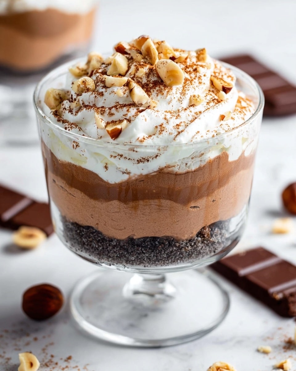 The image shows a dessert in a clear glass cup with three visible layers. The bottom layer is dark, almost black with a slightly rough texture, resembling crushed cookies or chocolate crumbs. The middle layer is thick and creamy with a smooth light brown color, likely chocolate mousse. The top layer is white and fluffy, like whipped cream, sprinkled lightly with brown powder, perhaps cinnamon or cocoa, and decorated with chunks of hazelnuts scattered on top. The glass cup is placed on a white marbled surface with pieces of dark chocolate and hazelnuts blurred softly in the background, creating a clean and inviting look. Photo taken with an iphone --ar 4:5 --v 7