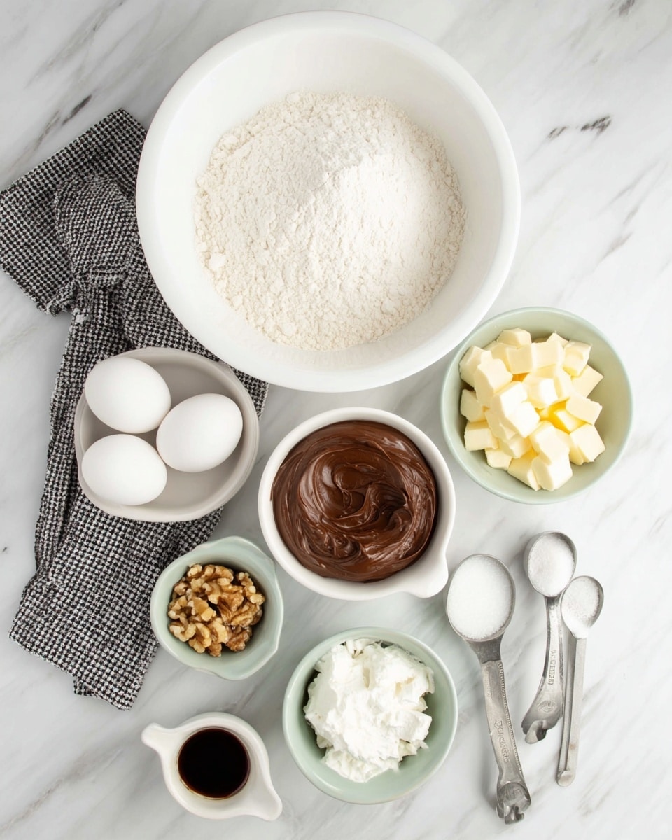 A top-down view of various baking ingredients arranged neatly on a white marbled surface. On the left side, a large empty white bowl sits on top of a folded black and white checkered cloth. Below the bowl, a white bowl filled with white flour is placed next to two white eggs. To the right, a white cup filled with smooth chocolate spread is centered, flanked by four small white bowls: one with white butter chunks, one with light brown chopped nuts, one with white powdered sugar in a pale green bowl, and three measuring spoons holding white cream and a small amount of dark vanilla extract. photo taken with an iphone --ar 4:5 --v 7