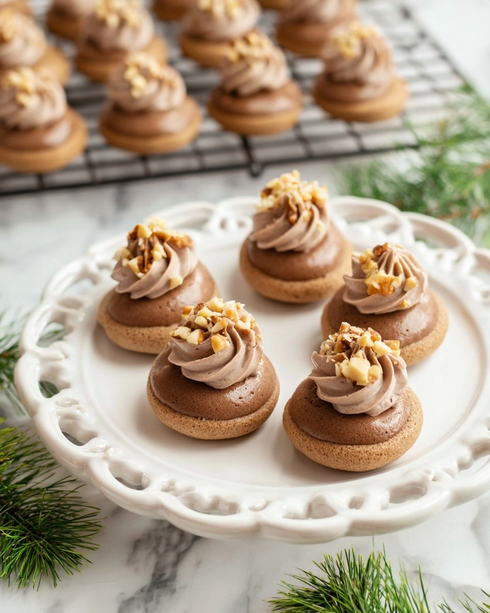 The image shows small chocolate cookie treats arranged on a white plate with a decorative looped rim, placed on a white marbled surface with green pine-like leaves around it. Each treat has two layers: the bottom is a smooth, round, light brown cookie base, and the top is a swirl of creamy chocolate frosting with a soft texture, topped with small pieces of chopped nuts. In the background, more treats sit on a cooling rack on the same white marbled surface. The scene is well-lit, highlighting the texture of the frosting and the cookies. photo taken with an iphone --ar 4:5 --v 7