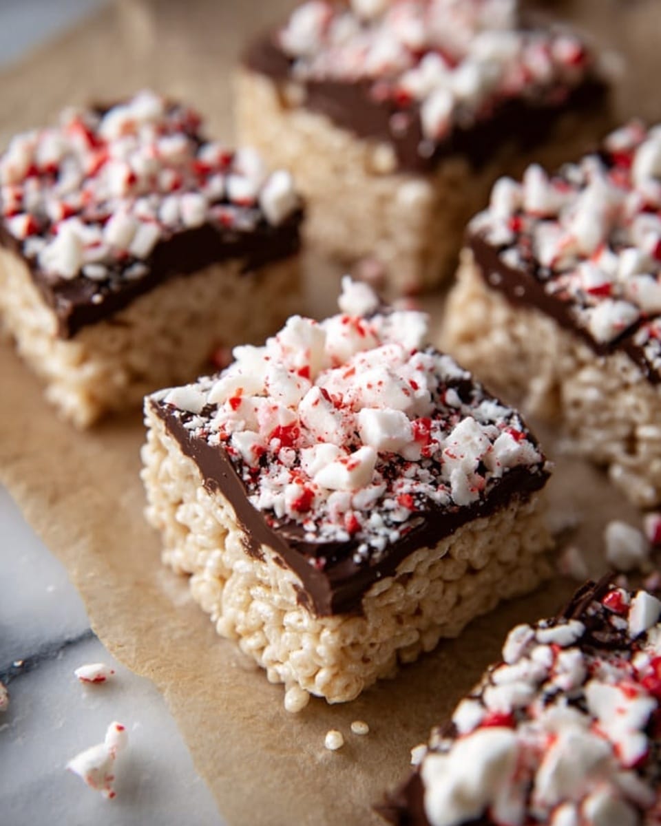 The image shows several square treats made of light tan crispy rice cereal stacked in one layer, each topped with a thin layer of dark brown chocolate. On top of the chocolate, there is a scattered layer of white crushed candy pieces with red bits mixed in, giving a festive look. The treats are arranged on a light brown parchment paper over a white marbled surface. The texture of the cereal layer looks crunchy, and the chocolate layer is smooth and shiny. photo taken with an iphone --ar 4:5 --v 7