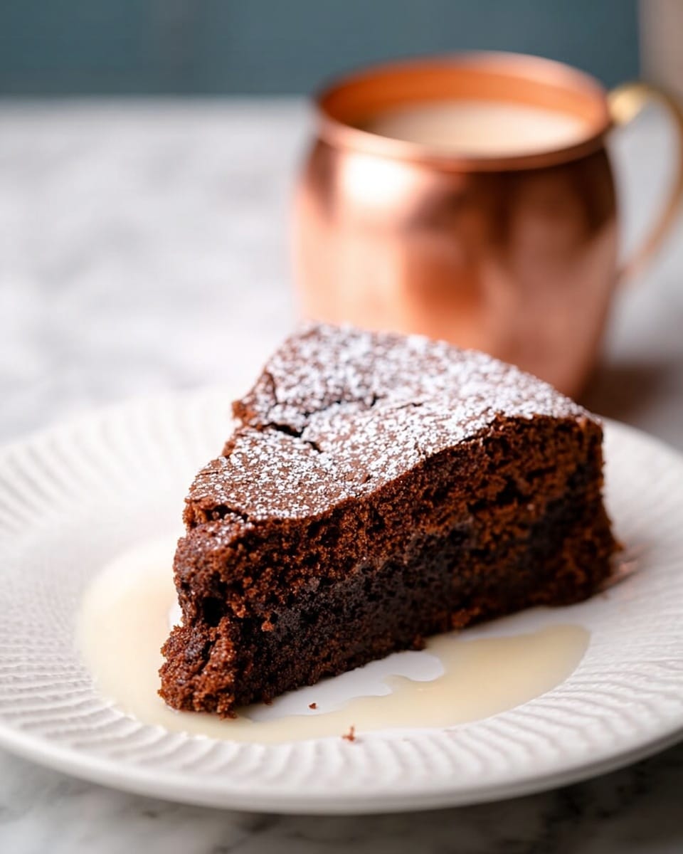 A single slice of dark brown chocolate cake with a cracked top layer dusted lightly with powdered sugar sits on a white plate with a subtle raised pattern. The cake has two visible layers: a dense, moist chocolate filling in the middle and a slightly crumbly outer cake layer. Below the cake slice, a light cream sauce spreads slightly on the plate. In the background, there is a blurred copper mug with a handle filled with a similar cream sauce, all resting on a white marbled surface. Photo taken with an iphone --ar 4:5 --v 7