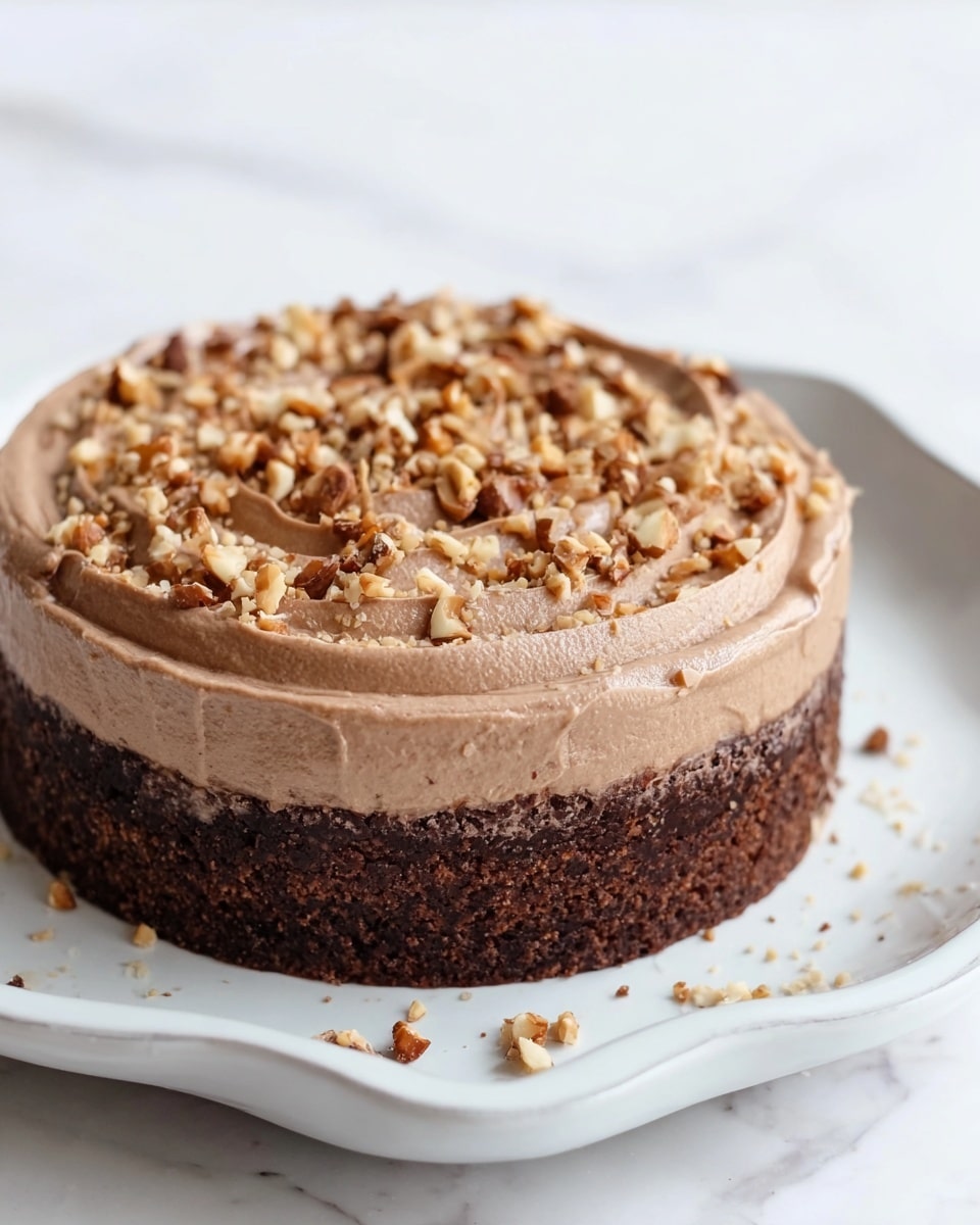 The image shows a round two-layered dessert on a white plate with wavy edges. The bottom layer is a dark brown dense chocolate cake with a moist texture. The top layer is a thick, light brown chocolate cream spread evenly with smooth swirls. On top of the cream layer, there are small, uneven pieces of chopped nuts scattered, giving a crunchy texture. The dessert is placed on a white marbled surface with some crumbs around it. photo taken with an iphone --ar 4:5 --v 7