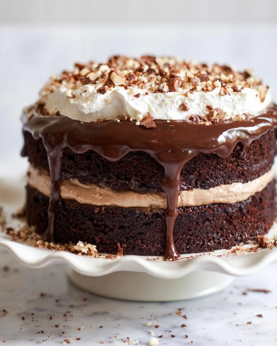 A two-layer dark chocolate cake sits on a white plate with a wavy edge, with a smooth light brown chocolate frosting layer between the cake layers. The top layer is covered with shiny chocolate ganache that drips down the sides, topped by a thick, fluffy white whipped cream layer sprinkled with small, chopped light brown and dark bits. Some crumbs and pieces are scattered on the plate around the cake. The background is a white marbled texture photo taken with an iphone --ar 4:5 --v 7