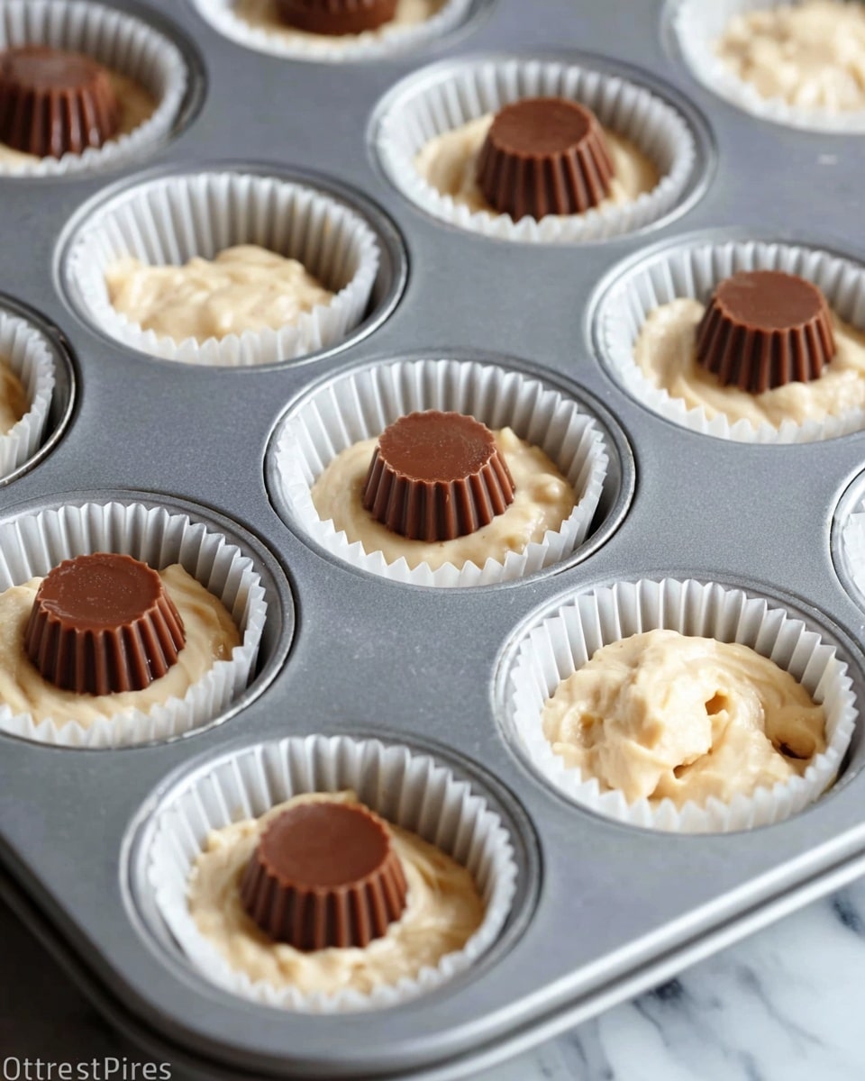 A close-up view of a metal muffin tray filled with white paper liners holding batter and candy pieces. Each paper liner is placed in the tray's round wells. The batter is light creamy beige and soft, some liners filled halfway, others topped with a single brown, ridged candy cup placed in the center, slightly sunken into the batter. The tray sits on a white marbled surface. Photo taken with an iphone --ar 4:5 --v 7