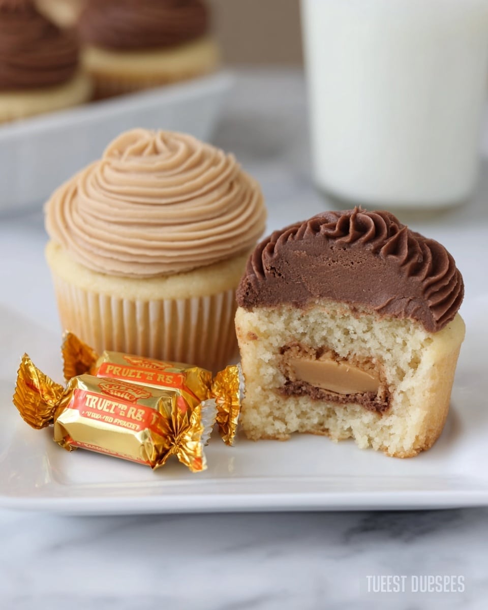 The image shows two vanilla cupcakes on a white square plate placed on a white marbled surface. Each cupcake has two swirled frosting layers on top: the bottom layer is light beige, and the top layer is chocolate brown, both smooth and fluffy in texture. One cupcake is whole, while the other is split open, revealing a creamy peanut butter cup hidden inside the center of the soft vanilla cake. Next to the cupcakes on the plate are two unopened peanut butter cups wrapped in gold foil with an orange label. A glass of milk with a white background is slightly blurred behind the plate. photo taken with an iphone --ar 4:5 --v 7