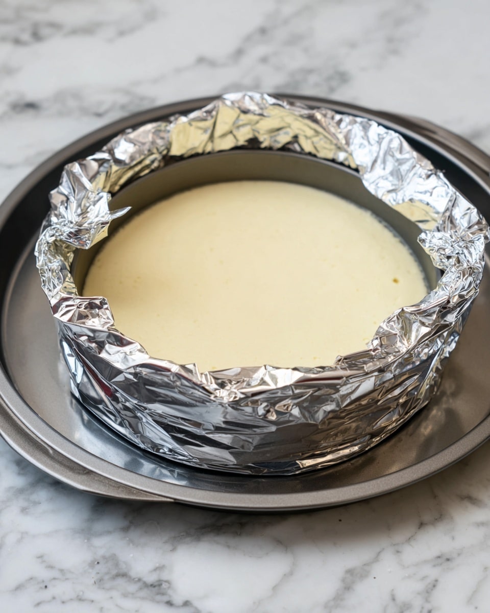 A round cake pan wrapped with shiny silver aluminum foil around the sides holds a smooth, pale yellow cheesecake batter inside. The cake pan rests in a silver tray filled with water, placed on a white marbled surface. The foil around the cake pan is wrinkled and extends above the pan edges, creating a protective barrier. The cheesecake batter inside is creamy and even, filling the pan almost to the top. Photo taken with an iphone --ar 4:5 --v 7