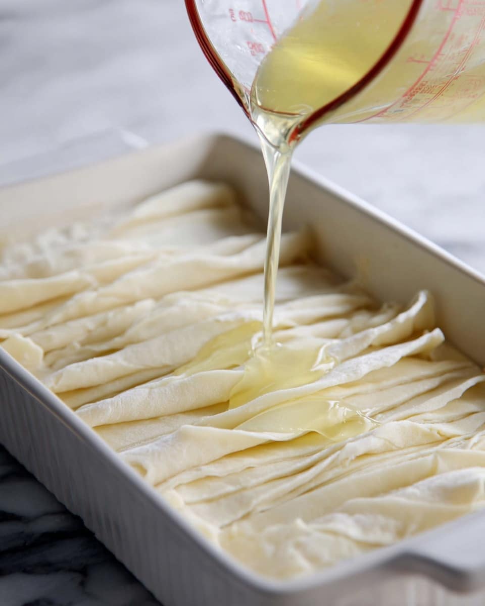 A close-up image of a white rectangular baking dish filled with many thin, folded layers of pale dough arranged evenly to cover the bottom. A clear measuring cup is pouring a light yellow liquid over the dough, creating a glossy shine on the top layer. The background is a white marbled surface, adding a clean and bright look to the scene. The liquid contrasts softly with the creamy dough layers in the dish. Photo taken with an iphone --ar 4:5 --v 7