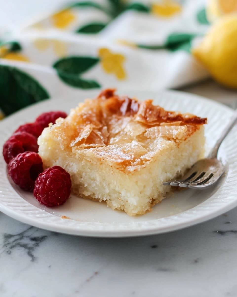 A white plate holds one square piece of light golden brown dessert with a flaky, slightly shiny top layer and a thick, soft, creamy base layer. Some red raspberries sit behind the dessert on the plate, adding a pop of color. A silver fork rests on the right side of the plate. The plate is on a white marbled surface with a white cloth featuring green leaves and yellow flowers in the background. Photo taken with an iphone --ar 4:5 --v 7