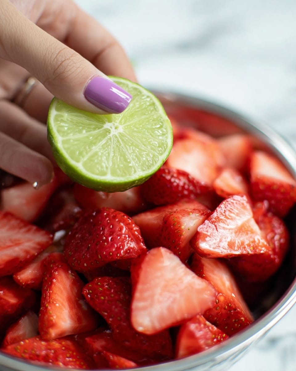 A close-up image shows a woman's hand with purple nail polish squeezing a halved green lime above a bowl filled with bright red sliced strawberries. The strawberries fill the bowl and appear fresh with a juicy texture. The background is a white marbled surface, giving a clean and fresh look. The photo is sharp, focusing on the lime and strawberries with a soft blur on the rest. Photo taken with an iphone --ar 4:5 --v 7