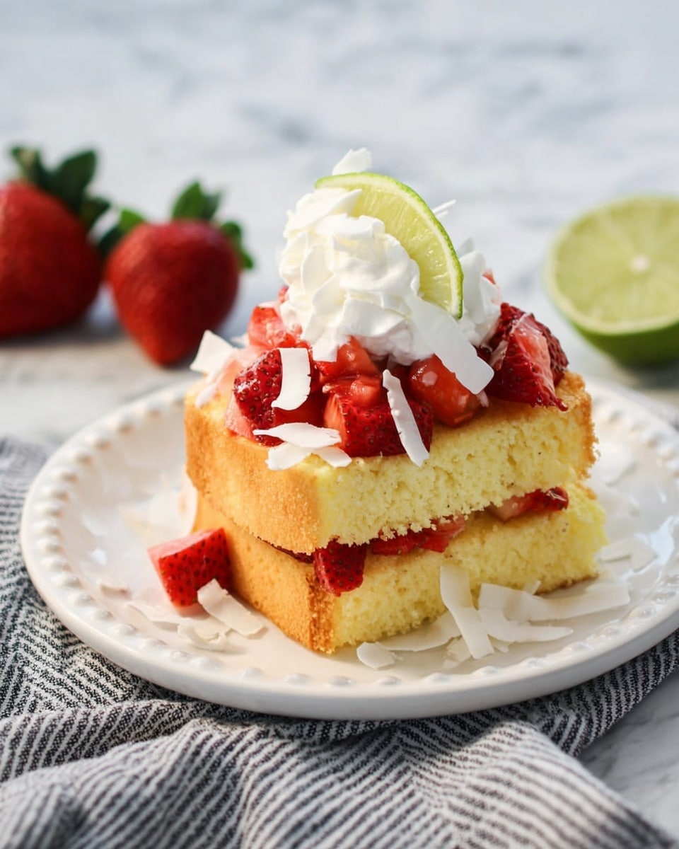 This image shows two thick, golden-yellow slices of cake stacked on a white plate with a dotted border, placed on a gray and white striped cloth on a white marbled surface. On top of the cake slices, there is a layer of bright red, chopped strawberries, and a dollop of white whipped cream crowns the dessert. Thin, white coconut flakes are scattered around the plate and on the cake. In the background, there are two whole strawberries and half a cut lime with a light green interior. The lighting is soft and natural, highlighting the fresh and colorful look of the dish. photo taken with an iphone --ar 4:5 --v 7