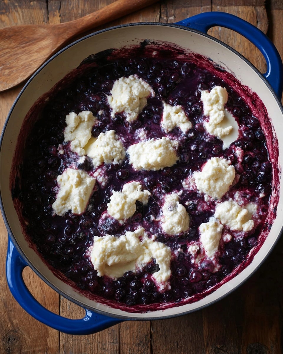 A round white enamel pot with blue handles is filled with a deep purple blueberry mixture as the base layer, visible with whole blueberries creating a bumpy texture. On top, dollops of rough, creamy white biscuit dough are scattered unevenly across the surface, some dough slightly melting into the berry juices, adding light contrast against the dark purple. The pot sits on a wooden surface. photo taken with an iphone --ar 4:5 --v 7