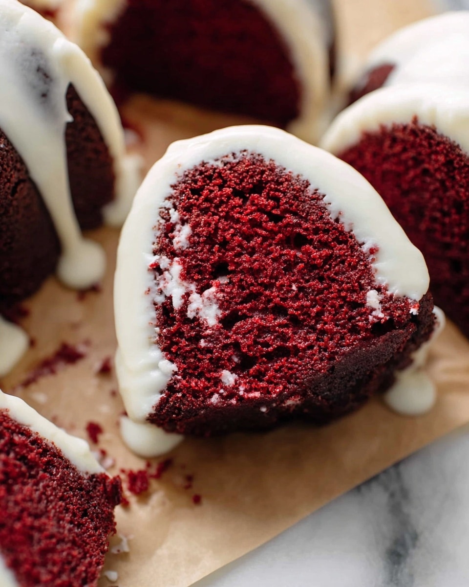 The image shows close-up slices of a red velvet bundt cake with two visible layers: a deep red, moist cake base and a smooth white glaze drizzled over the top, flowing slightly down the sides. The cake pieces are placed on a sheet of light brown parchment paper that rests on a white marbled surface, creating a soft contrast with the cake colors. The texture of the cake looks soft and crumbly, while the glaze is creamy and shiny, covering parts of each slice unevenly. Photo taken with an iphone --ar 4:5 --v 7