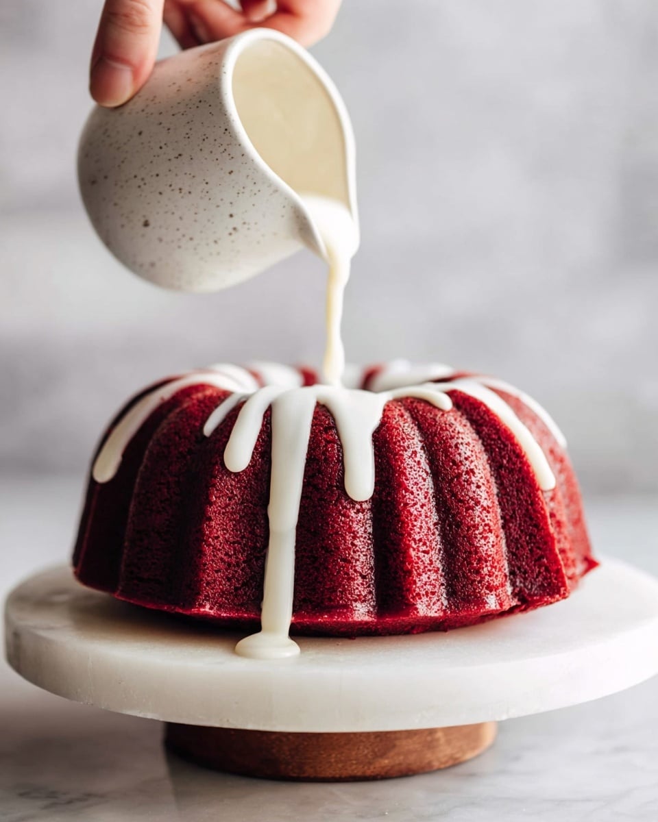 A deep red bundt cake with ridged, evenly spaced layers forming a circular shape sits on a white marble textured cake stand. A woman's hand pours thick white glaze from a small white speckled ceramic pitcher, with the glaze flowing smoothly over the rounded peaks and edges of the cake. The inside of the cake looks moist and dense, contrasting with the smooth, shiny white glaze dripping down the deep red ridges in soft drops. The background is a soft white marble texture, keeping focus on the cake and the glaze being poured photo taken with an iphone --ar 4:5 --v 7