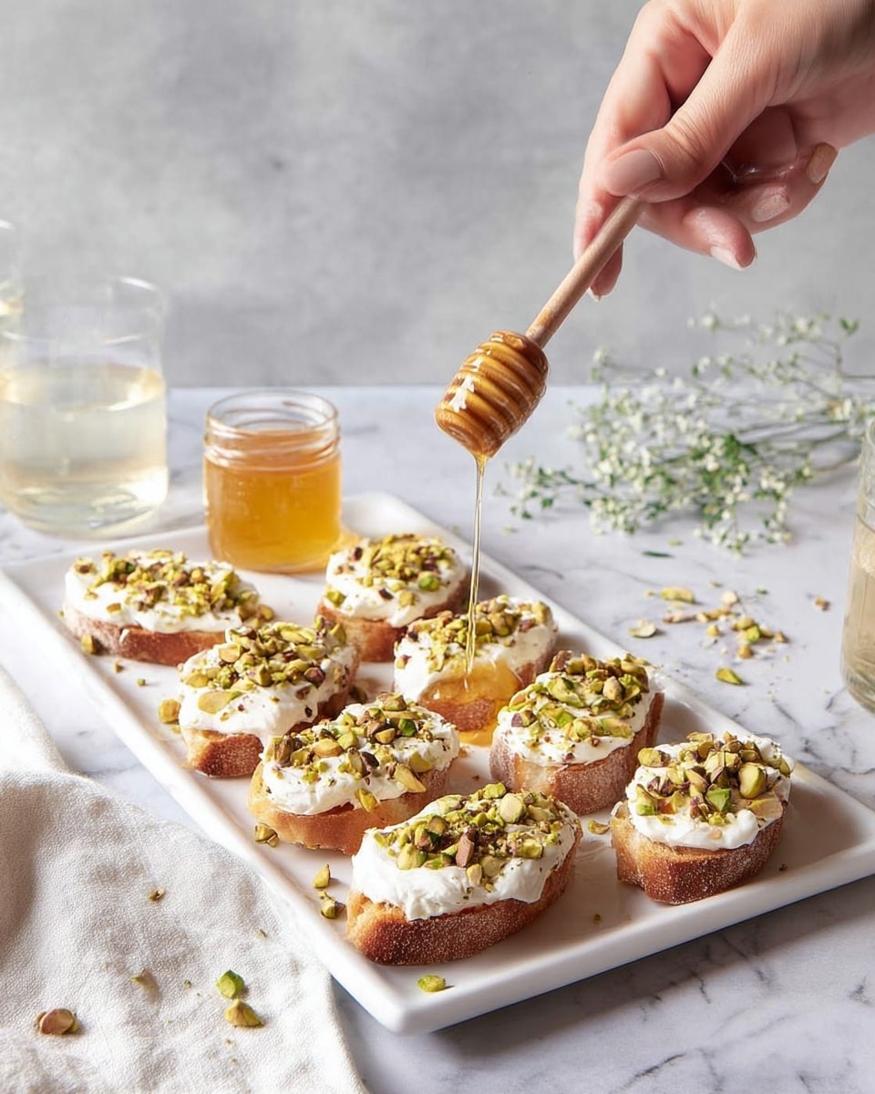 A white rectangular plate with eight round slices of toasted bread, each topped with a thick layer of white cream and sprinkled with chopped green and brown pistachios. Above one slice, a woman's hand holds a honey dipper dripping golden honey onto the toast. A small jar of honey sits on the plate near the toasts. The surface underneath is a white marbled texture with a white cloth and small green herb sprigs nearby, and two clear glasses with light liquid are in the soft-focused background. photo taken with an iphone --ar 4:5 --v 7