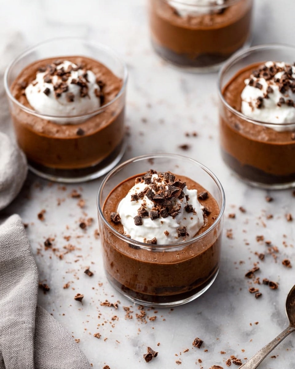 The image shows four small clear glass cups filled with two layers: the bottom layer is a smooth, rich brown chocolate mousse, and the top layer is a dollop of white whipped cream placed in the center, sprinkled with small chocolate curls. The cups are arranged on a white marbled surface with some scattered chocolate curls around them. In the lower right corner, there is a soft gray cloth partially in frame. One cup is held by a woman's hand, with the thumb visible on the glass edge. Photo taken with an iphone --ar 4:5 --v 7