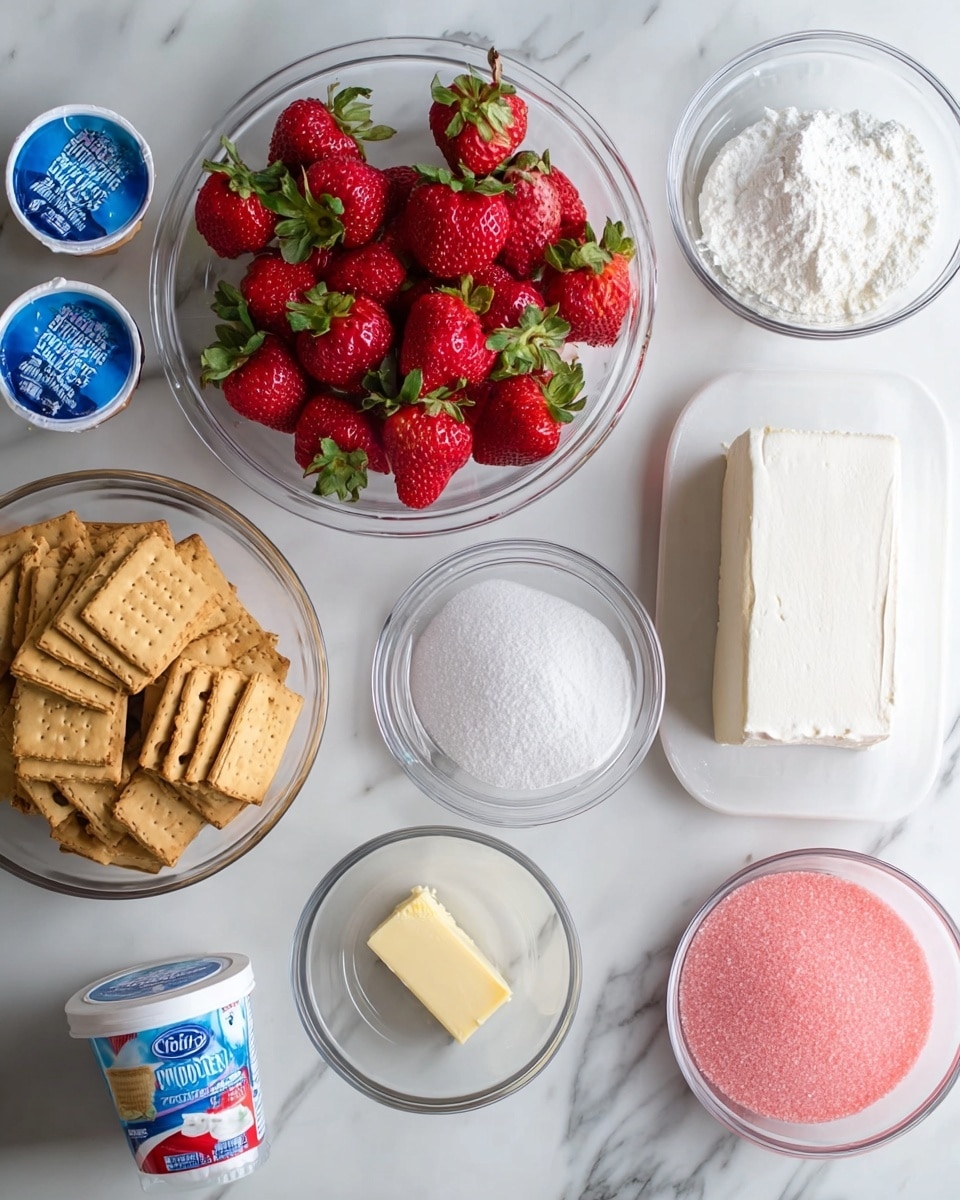 The image shows several clear glass bowls arranged on a white marble surface, each filled with different ingredients. One bowl contains whole fresh strawberries with green leaves, another has square graham crackers neatly stacked, and a third bowl holds a rectangular block of cream cheese. There is also a bowl filled with white powdered sugar, another smaller bowl with pink granulated sugar, and a small empty clear glass container. A fourth bowl holds a stick of pale yellow butter. Additionally, three containers of Cool Whip original topping with blue lids are scattered around the bowls. The whole scene is brightly lit, with a clean, fresh look, photo taken with an iphone --ar 4:5 --v 7