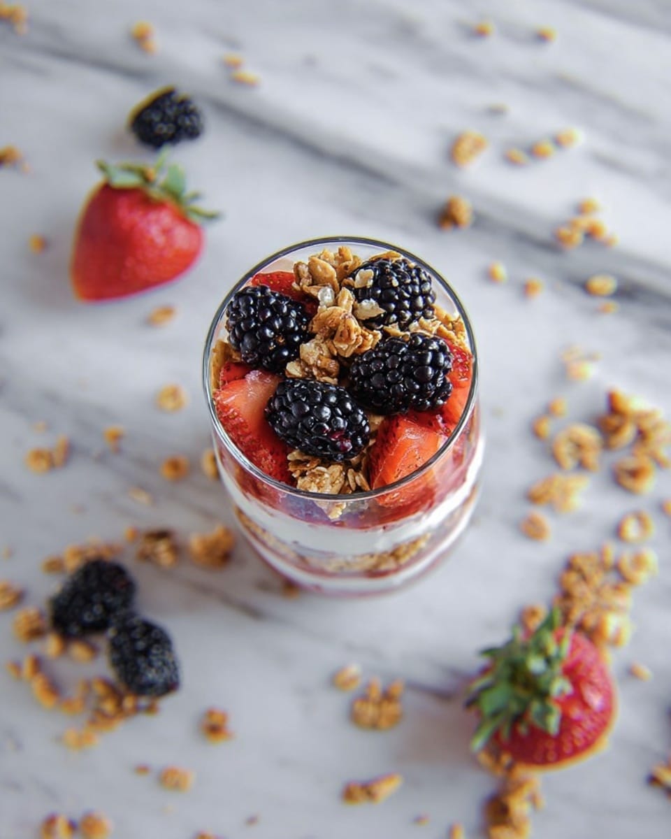 A clear glass filled with three visible layers sits centered on a white marbled surface. The bottom layer is light brown granola with a crunchy texture, topped with red strawberry pieces with seeds and black shiny blackberries forming the top layer. Around the glass on the surface are scattered granola pieces, blackberries, and a whole strawberry, adding a natural touch. The image focuses on the colorful, fresh fruits and textured granola in contrast with the clean white marbled background. photo taken with an iphone --ar 4:5 --v 7